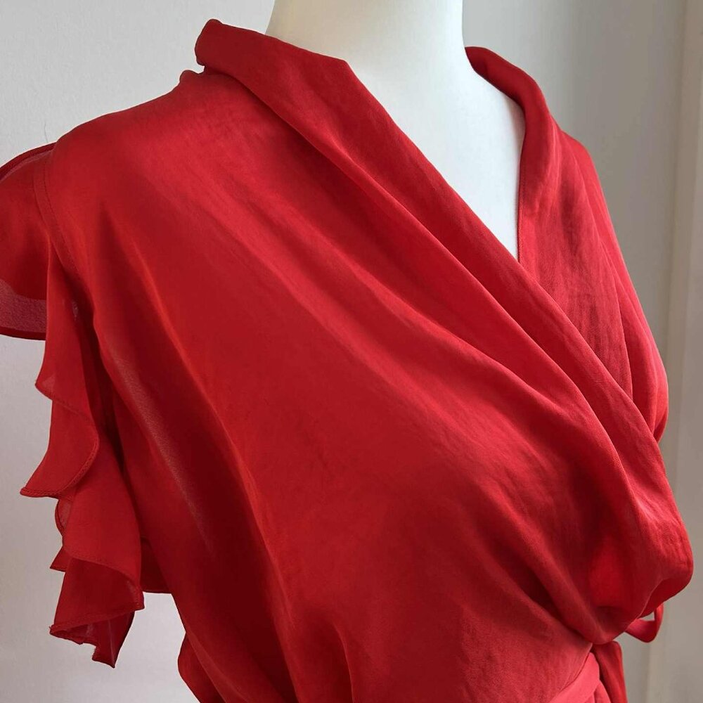 Armani Exchange Poppy Red Satin Side-Tie Wrap Blouse with Flutter Sleeves – US M - Picture 10 of 11